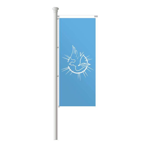 Friedensfahne als Hissfahne im Hochformat, blau mit weißer Taube