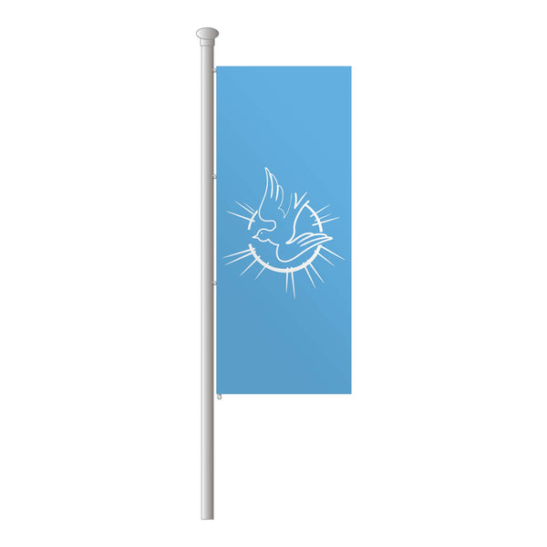 Friedensfahne als Hissfahne im Hochformat, blau mit weißer Taube