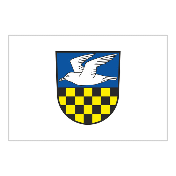Die Gemeindefahne von Sellin, weißer Untergrund mit Gemeindewappen