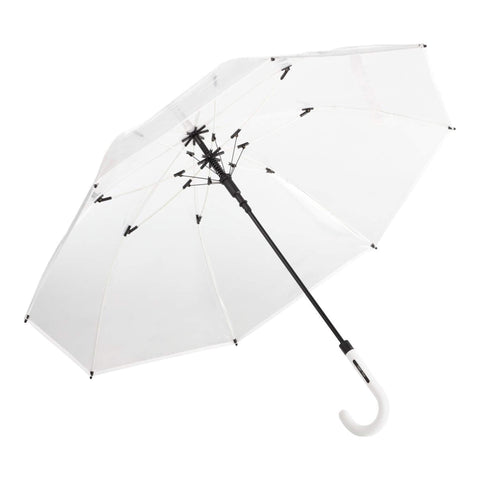 Der transparente Regenschirm ist auch mit individueller Bedruckung erhältlich