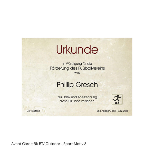 Fußball-Piktogramm auf Urkunde im Querformat mit Text