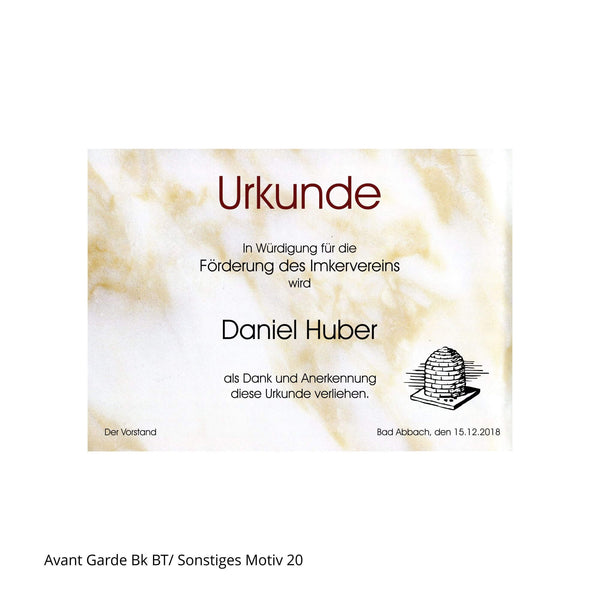 Urkunde im Querformat mit Bienenkorb für Imkervereine