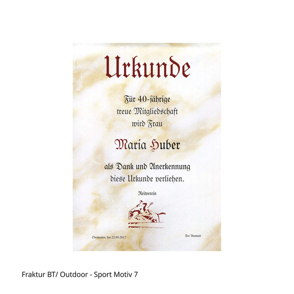Reiterurkunde im Hochformat mit Text Fraktur