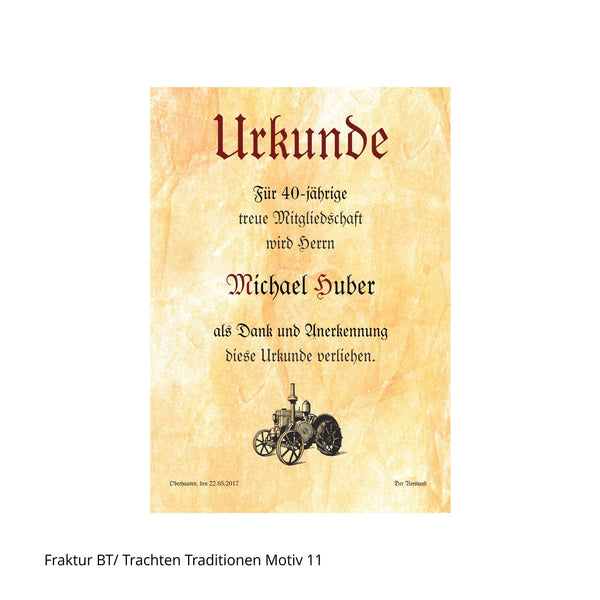 Traktor auf Urkunde mit Frakturschrift