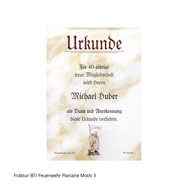 Urkunde mit stilisiertem Florian