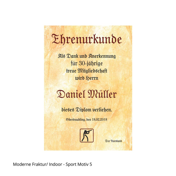 Ehrenurkunde mit Text und Schützen-Piktogramm im Hochformat