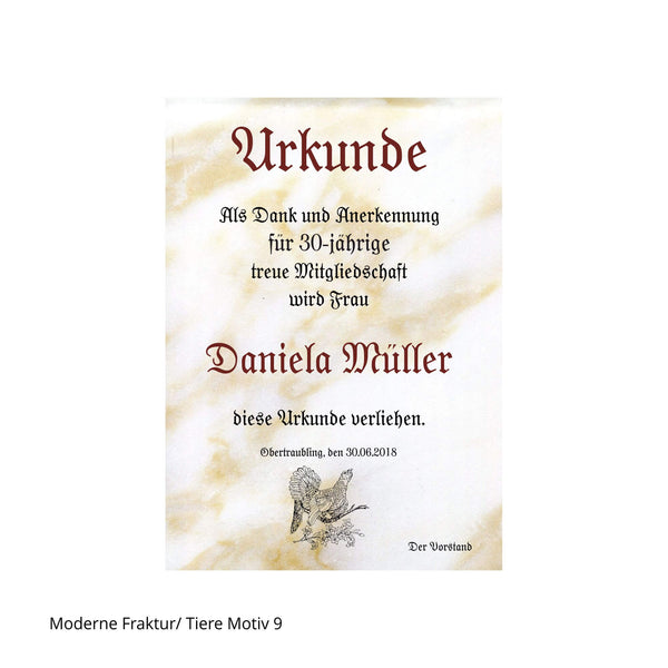 Urkunde mit Auerhahnmotiv für Ehrungen von Traditionsvereinen