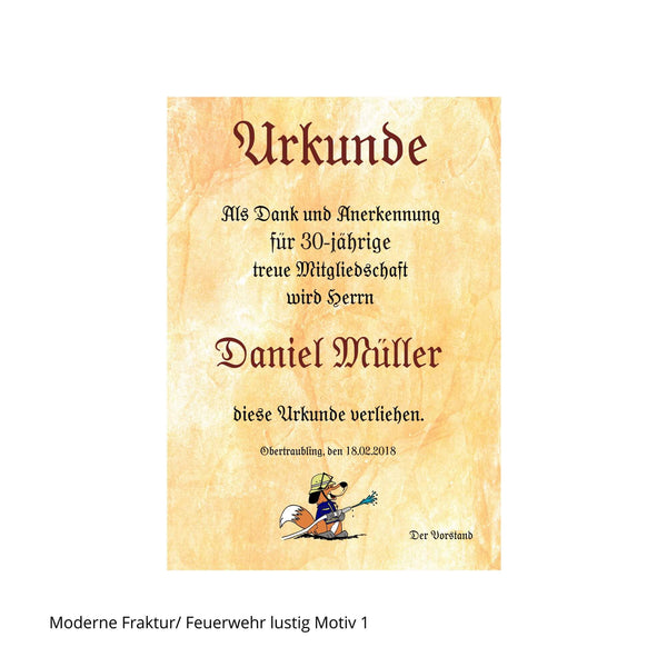 Feuerwehr-Urkunde in Moderner Fraktur beschriftet