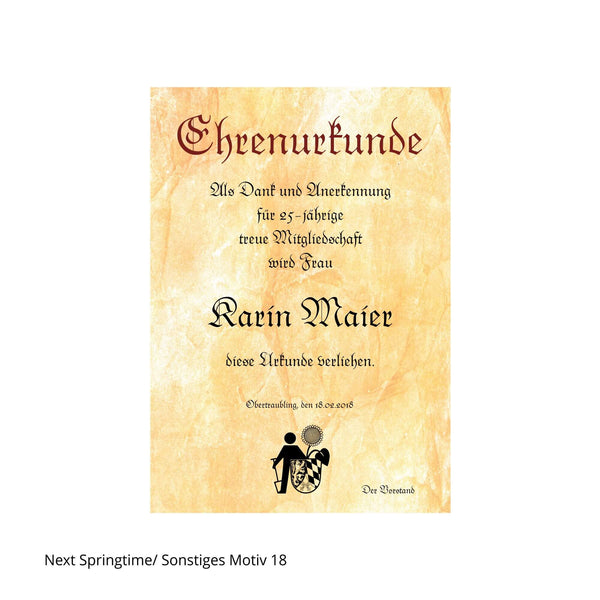 Ehrenurkunde für Gartenbau- und Obstbauvereine