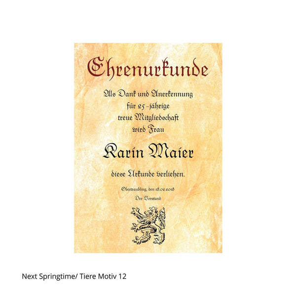 Löwe auf Ehrenurkunde für Ehrungen von Traditionsvereinen