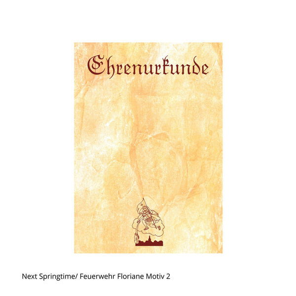 Feuerwehr Ehrenurkunde auf marmoriertem Urkundenkarton mit Florianfigur