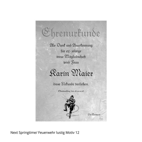 Feuerwehrmotiv 12 auf Ehrenurkunde in grau