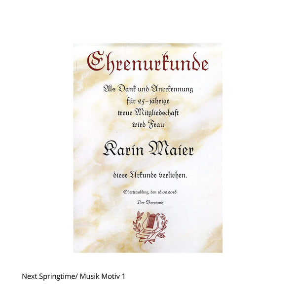 Ehrenurkunde in Frakturschrift mit Motiv Lyra