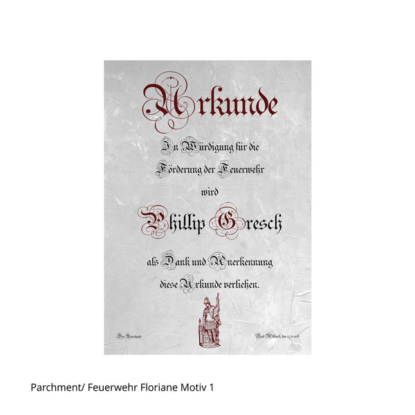 Urkunde in Parchment mit Florianmotiv