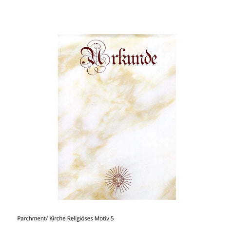 Urkunde mit aufwendigem Kopftext und religiösem Motiv