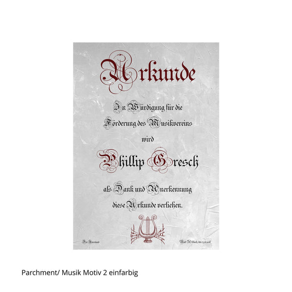 Urkunde in Schrift Parchment, kunstvoll verziert, mit musikalischem Motiv