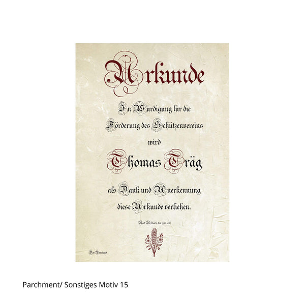 aufwendig beschriftete Urkunde mit Blumenmotiv