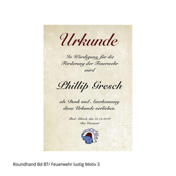 Löschelefant auf Urkunde für Jugendfeuerwehr