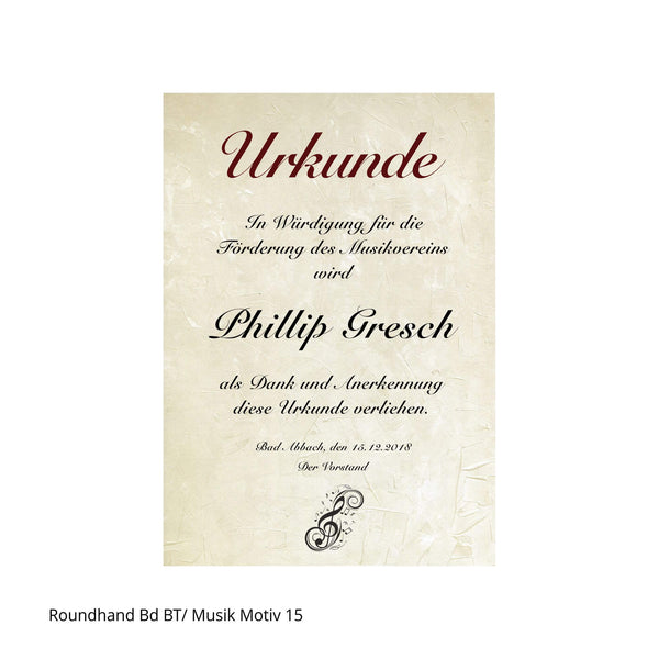 Schreibschrift-Urkunde mit verziertem Violinschlüssel