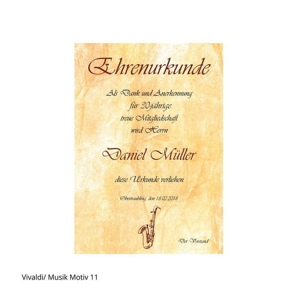 Ehrenurkunde in Schrift Vivaldi mit Saxophon