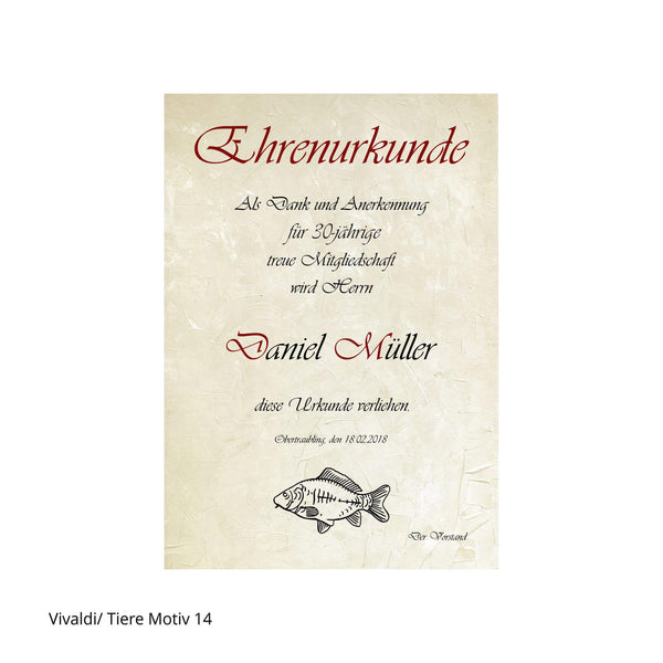 Ehrenurkunde mit Karpfen-Motiv für Anglervereine