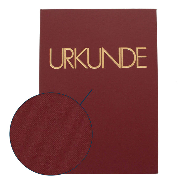 Weinrote Urkundenmappe in Leinenbindung mit Detailansicht