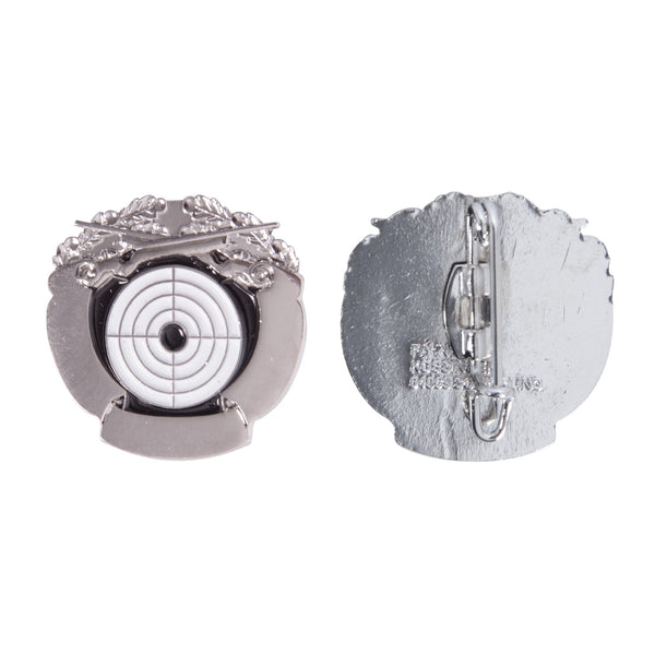 Zielscheibe mit Gewehren und Schriftband