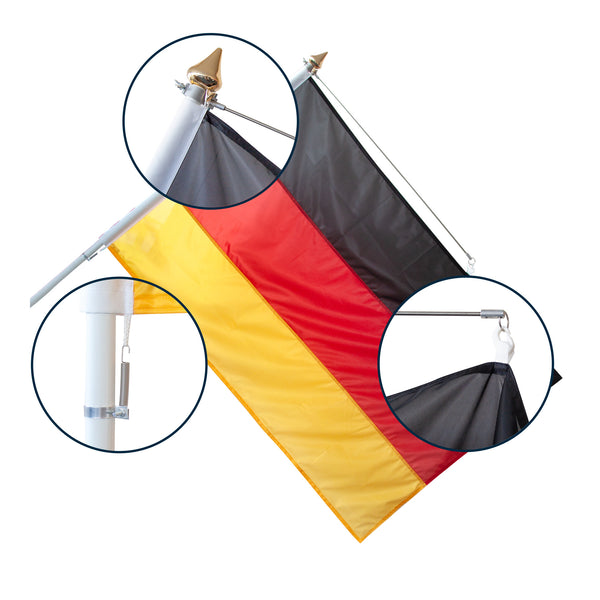 Fahne mit Stabilisator mit Erklärung der Spannungfeder, des Stabes und der Halteöse