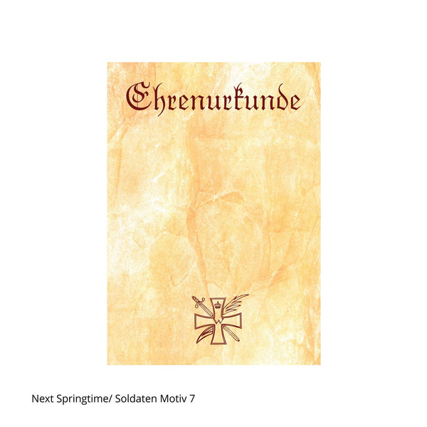 Ehrenurkunde in Frakturschrift mit Soldatenmotiv Eisernes Kreuz