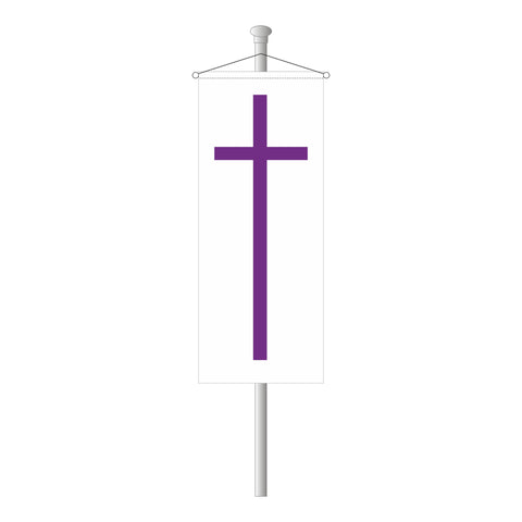 evangelisch Kirchenfahne weiß mit violetten Kreuz als Bannerfahne