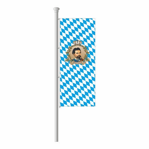 Hissfahne mit bayerische Raute (weiß/blau) und König Ludwig