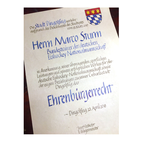 Kalligrafierte Urkunde mit Wappen oder Logo