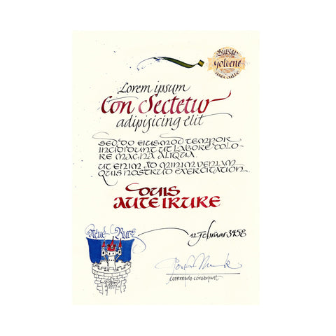 Kalligrafierte Urkunde mit Wappen und Logo