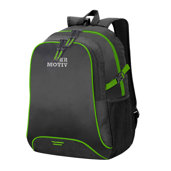 Die Farbigen Paspeln und Zipper lockern den schwarzen Backpack auf