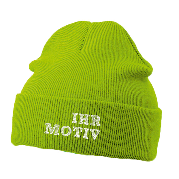 Ihr Motiv gestickt direkt auf den Umschlag der Stickmütze