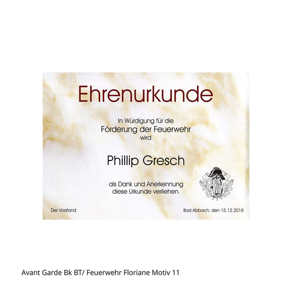 Ehrenurkunde im Querformat mit aufwendigem Feuerwehrmotiv