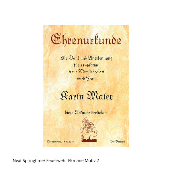 Stilisierter Florian beim Löschen auf einer Ehrenurkunde