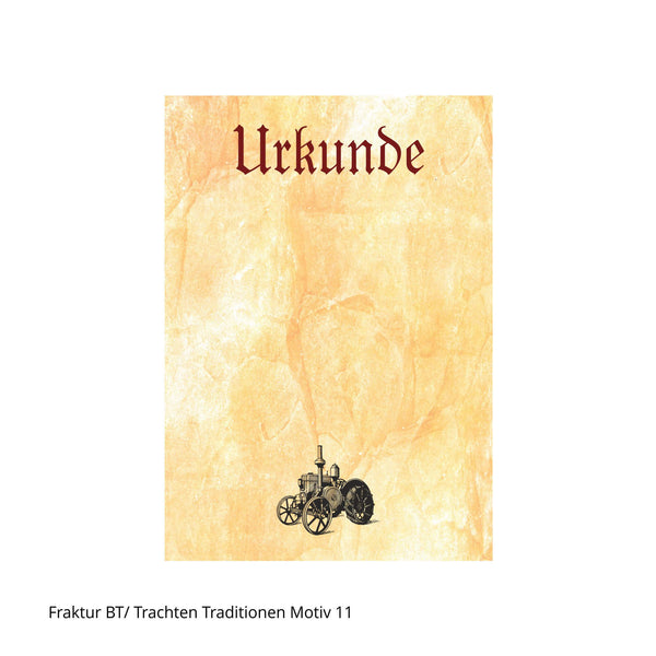 alter Traktor auf Urkunde mit Fraktur-Kopftext