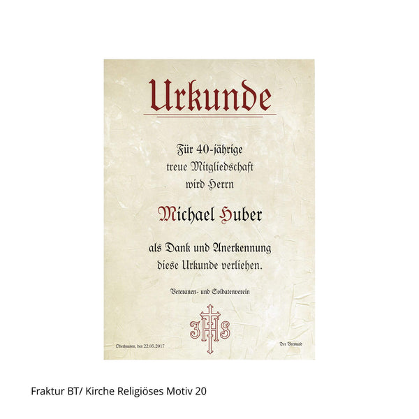 Urkunde mit IHS-Motiv, beschriftet