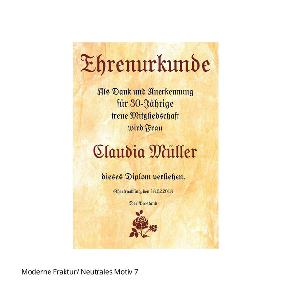 Rosenmotiv in Kombination mit Frakurschrift auf Ehrenurkunde