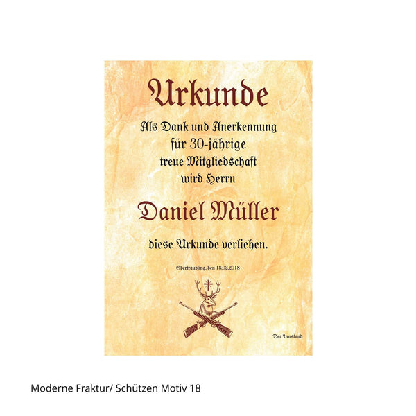 Hubertushirsch und gekreuzte Gewehre auf Urkunde mit Frakturschrift