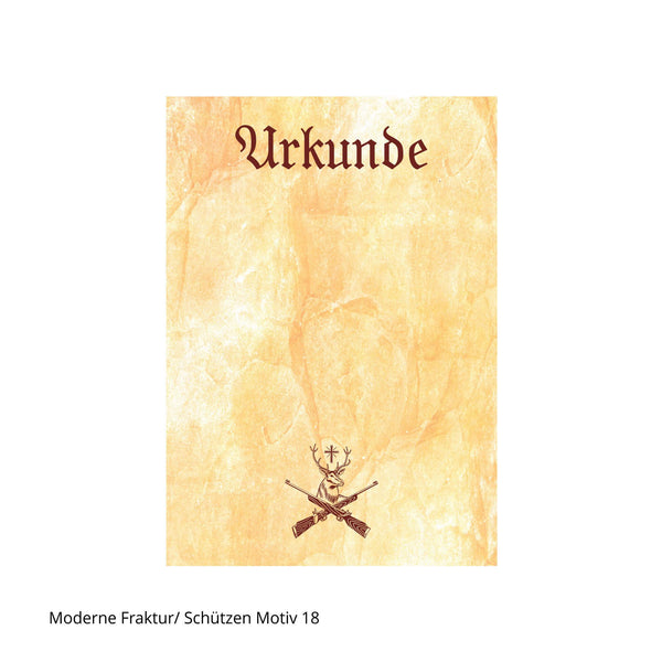 Urkunde mit Kopftext in Fraktur und Schützenmotiv gekreuzte Gewehre mit Hirschkop