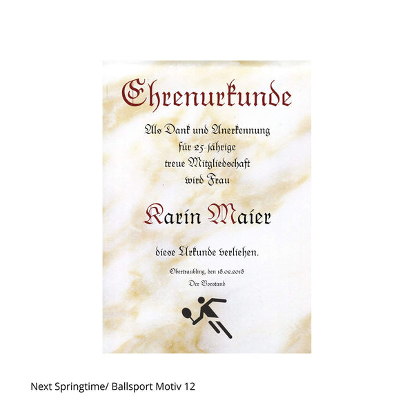 Tennisspieler als Motiv auf Ehrenurkunde im Hochformat