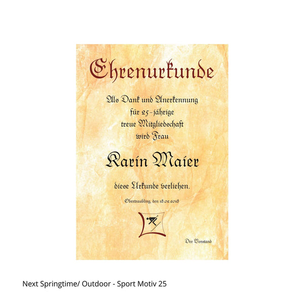 Skifahrer auf Ehrenurkunde sandfarben im Hochformat