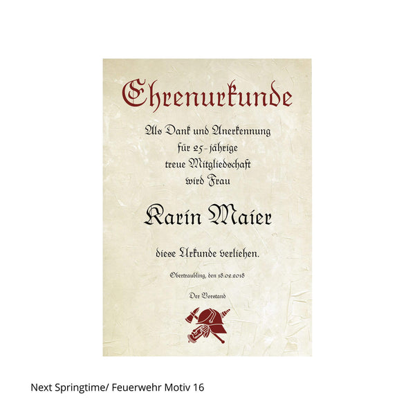 Ehrenurkunde mit Type Next Springtime und farbigem Kopftext