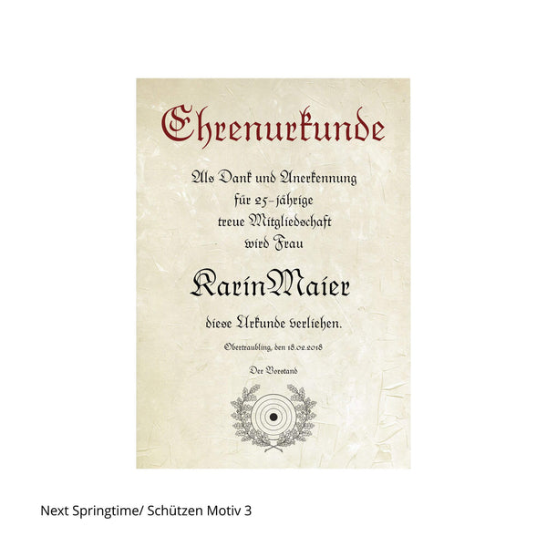 Ehrenurkunde in Frakturschrift mit Motiv Schießscheibe und Eichenkranz