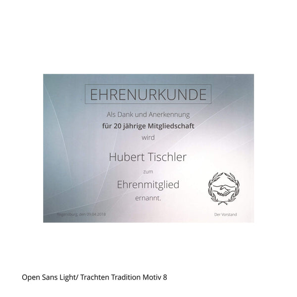 Ehrenurkunde im Querformat mit Bruderhand-Motiv