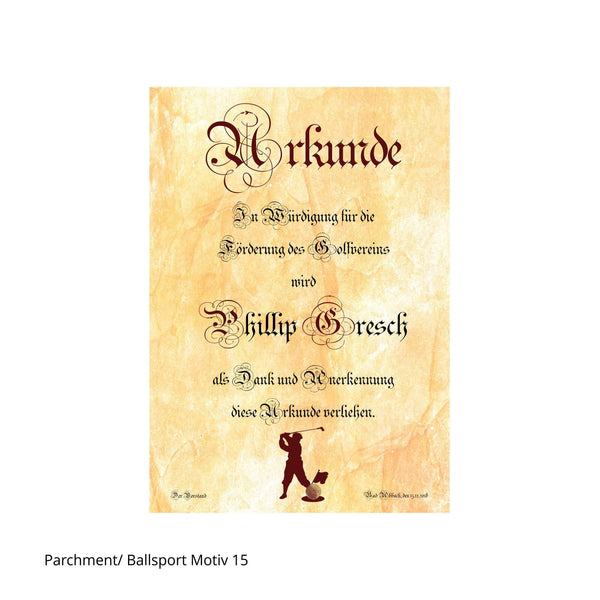 Urkunde in Schrift Parchment mit Golfspieler als Motiv