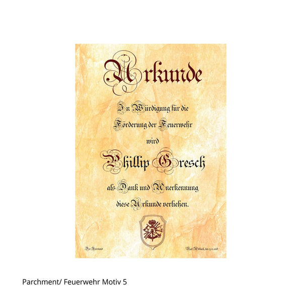 Urkunde mit aufwendiger Schnörkelschrift und Feuerwehrwappen