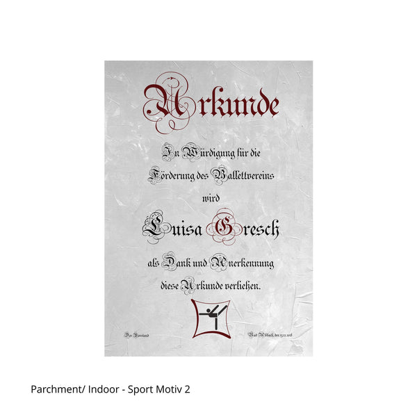 Piktogramm eines Turners auf Urkunde mit Parchment Schrift